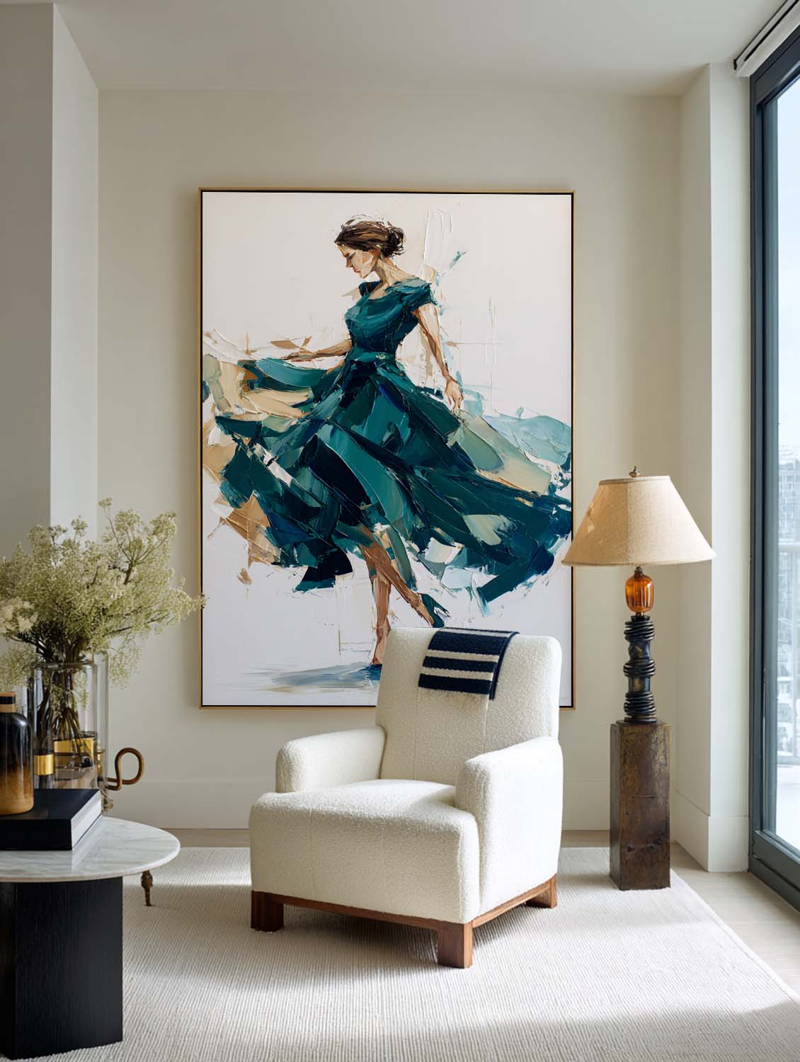 Teal‑Green‑Gold Vertical Dynamic Figure Portrait Textured Artwork