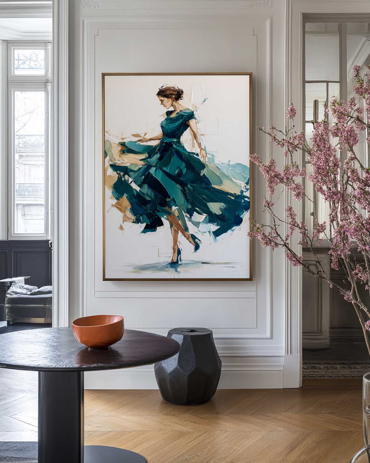 Teal‑Green‑Gold Vertical Dynamic Figure Portrait Textured Artwork