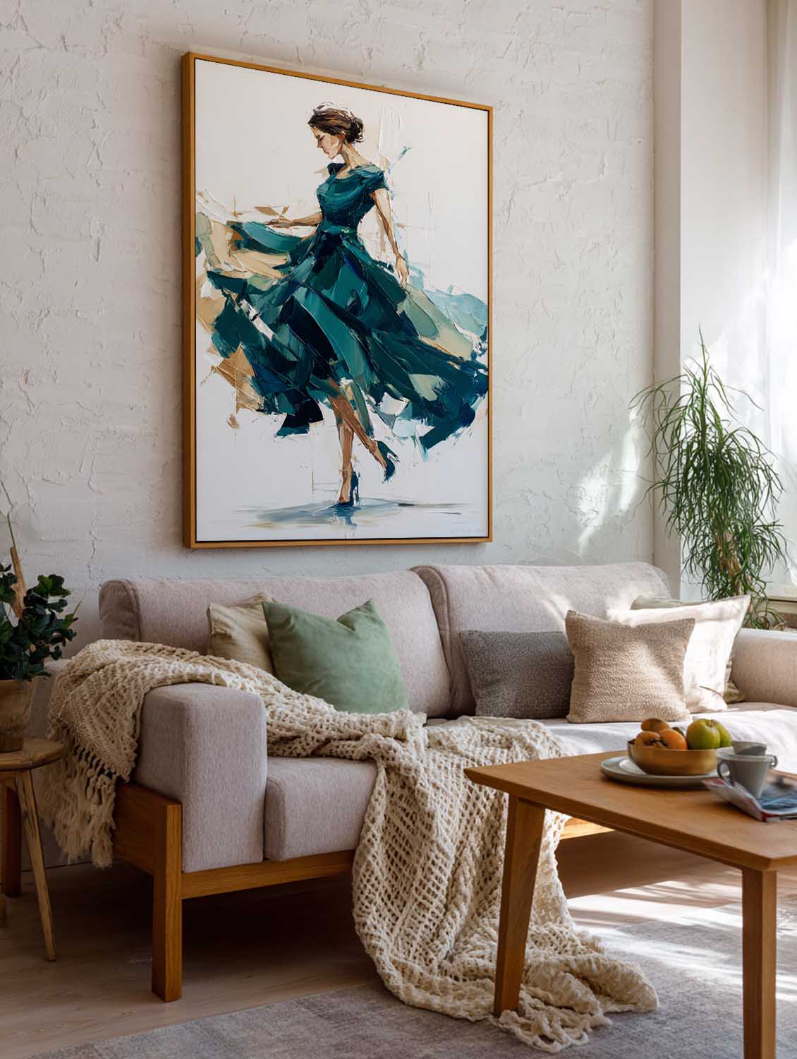 Teal‑Green‑Gold Vertical Dynamic Figure Portrait Textured Artwork