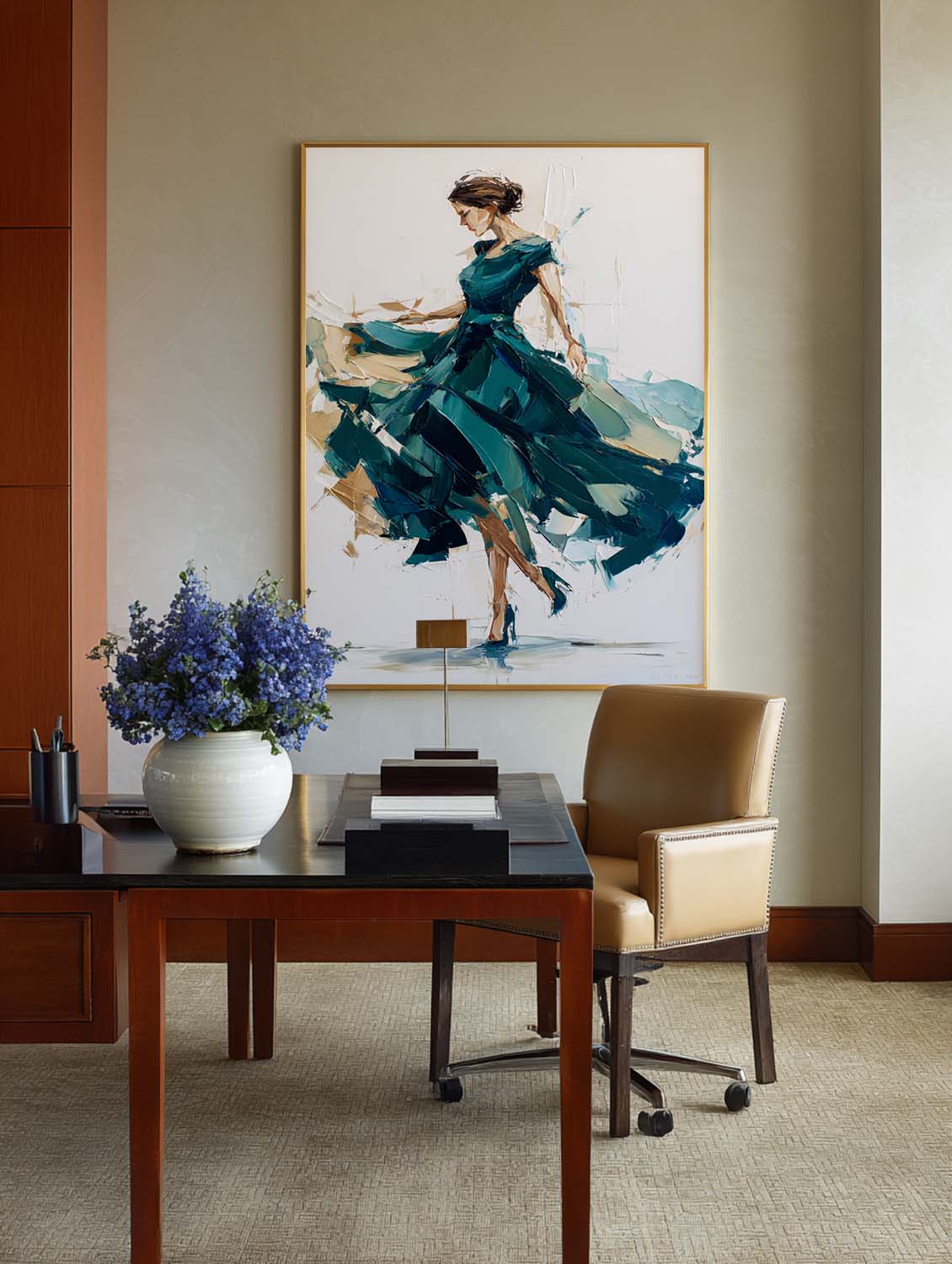 Teal‑Green‑Gold Vertical Dynamic Figure Portrait Textured Artwork