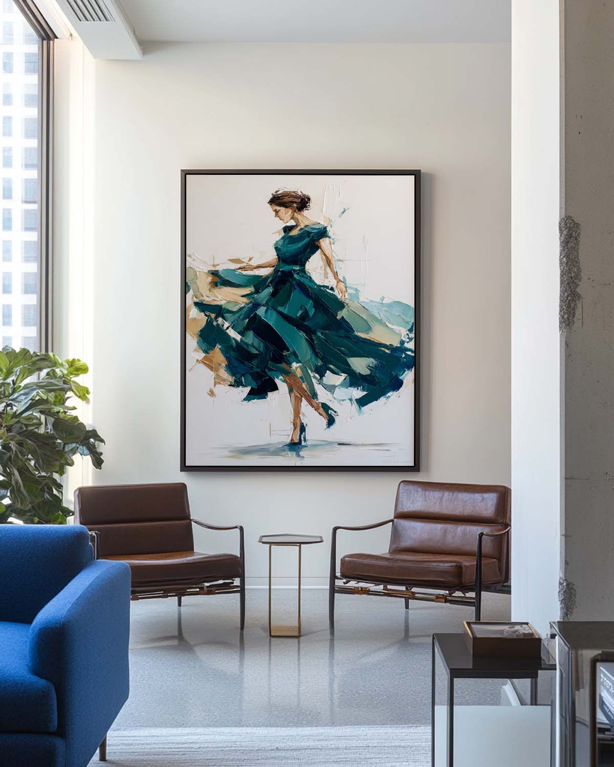 Teal‑Green‑Gold Vertical Dynamic Figure Portrait Textured Artwork