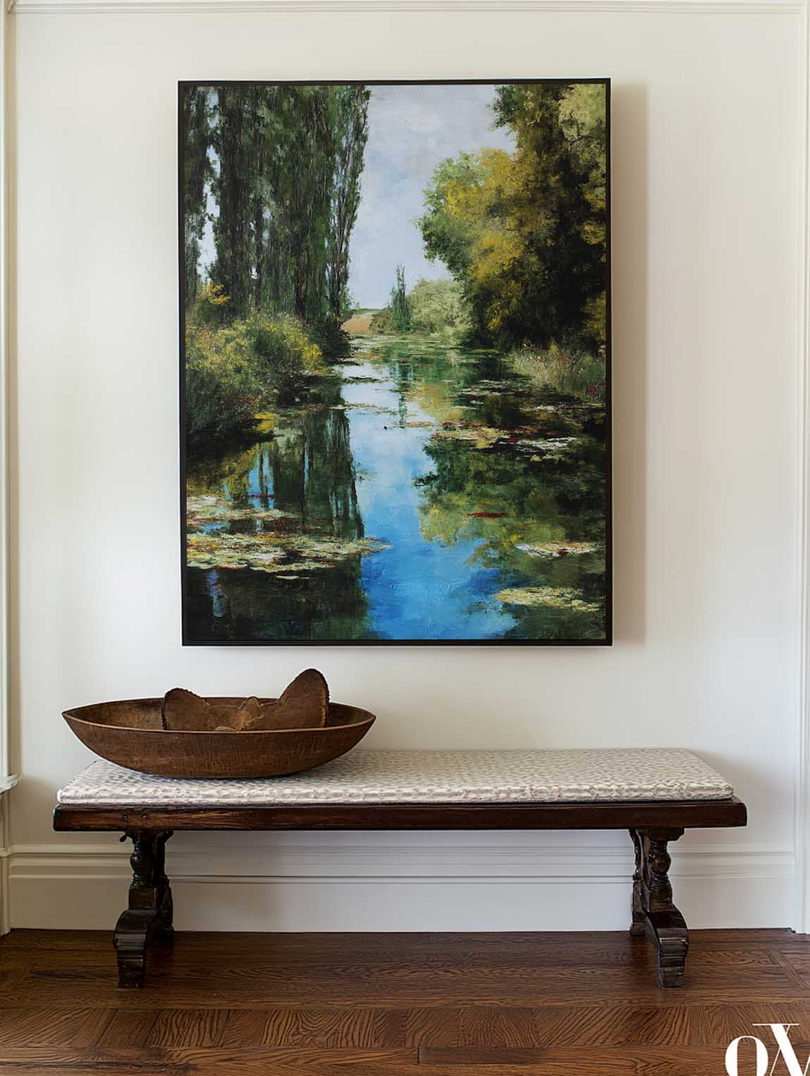 River Landscape Painting Poplar Trees Water Lilies