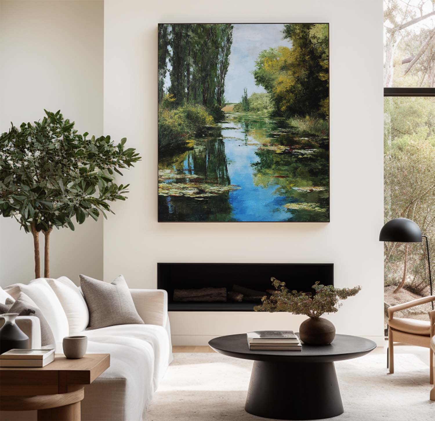 River Landscape Painting Poplar Trees Water Lilies