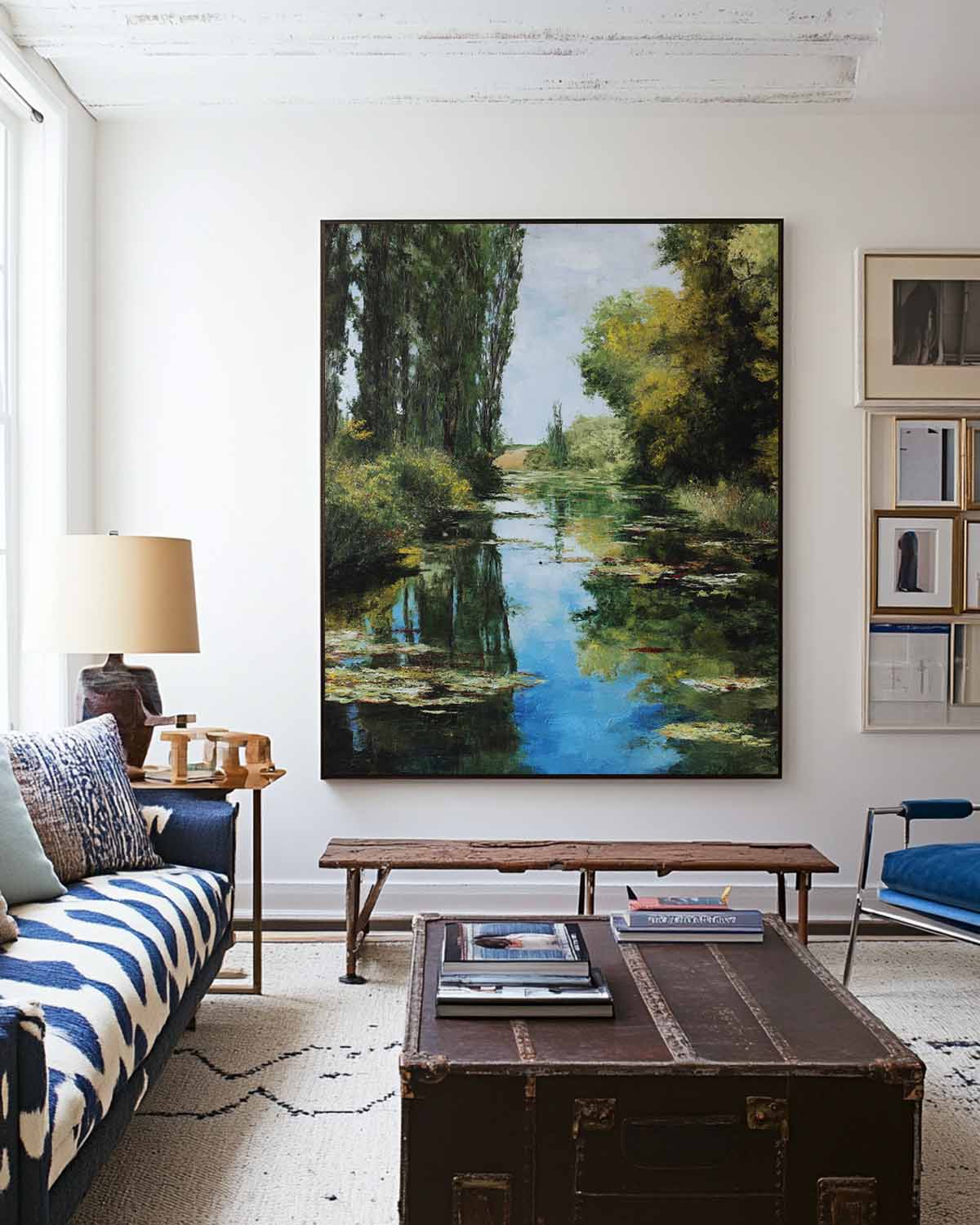 River Landscape Painting Poplar Trees Water Lilies