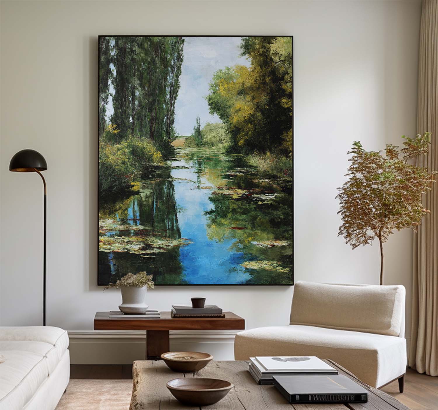River Landscape Painting Poplar Trees Water Lilies