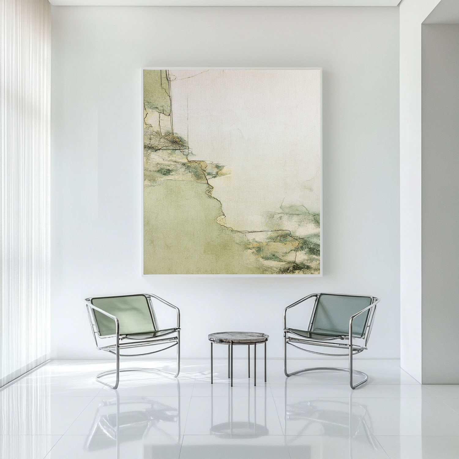 Sage‑Green‑Beige Vertical Abstract Minimalist Textured Artwork