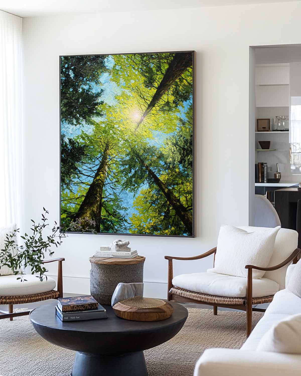 Forest Canopy Oil Painting Sunlit Tall Trees