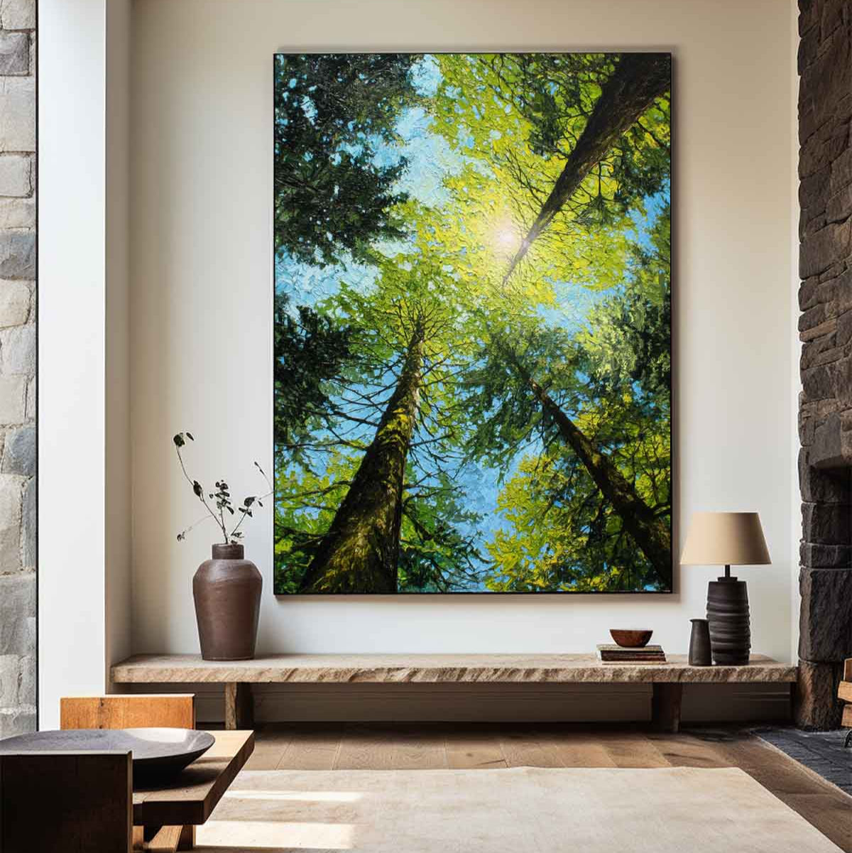Forest Canopy Oil Painting Sunlit Tall Trees