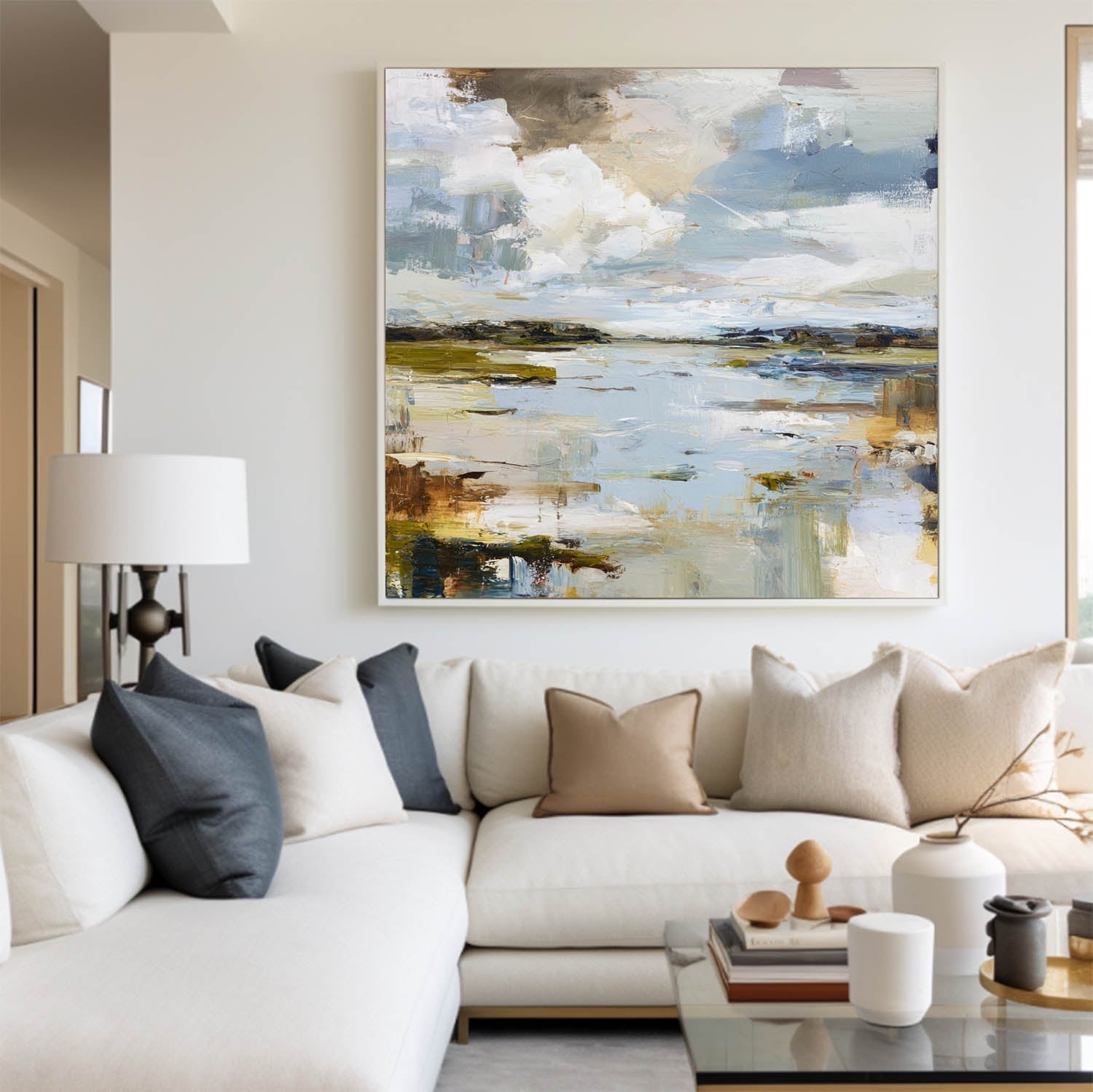 Blue‑White‑Ochre Square Impasto Abstract Coastal Landscape Artwork