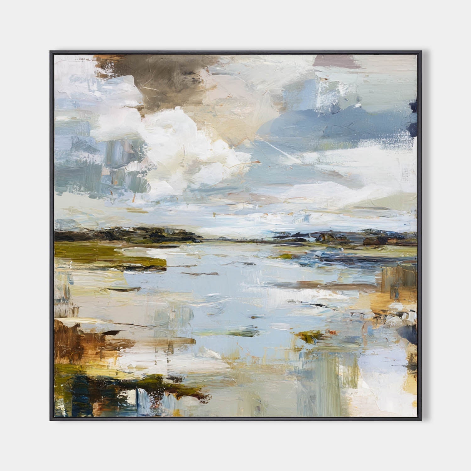 Blue‑White‑Ochre Square Impasto Abstract Coastal Landscape Artwork