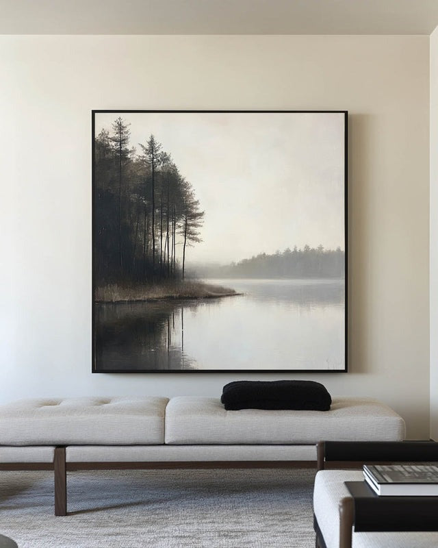 Misty Forest Lake Landscape Painting