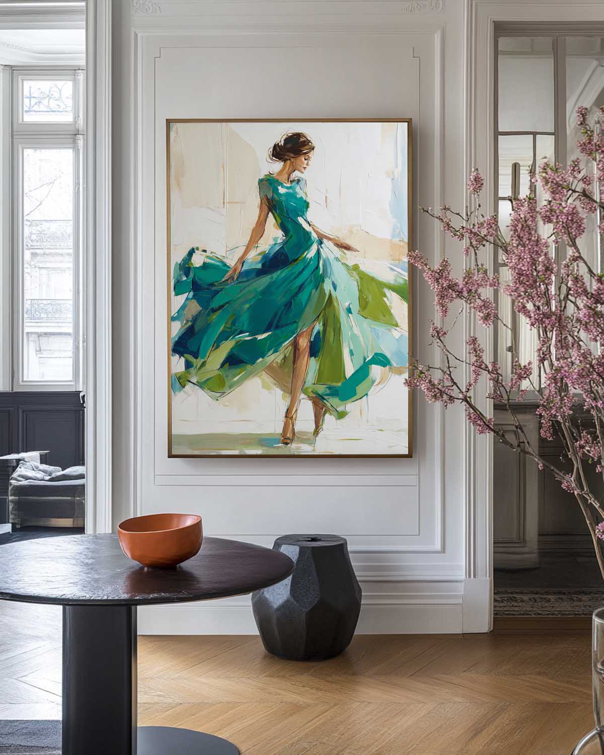 Emerald‑Green‑Beige Vertical Flowing‑Dress Figure Textured Artwork