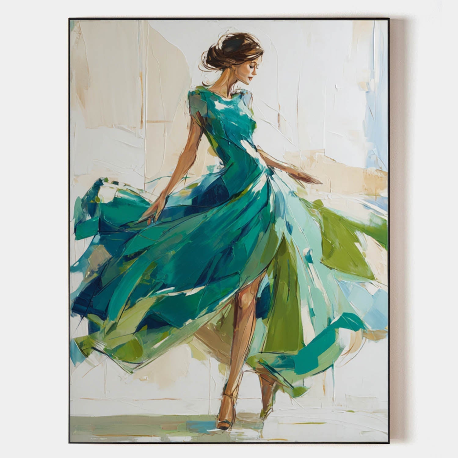 Emerald‑Green‑Beige Vertical Flowing‑Dress Figure Textured Artwork