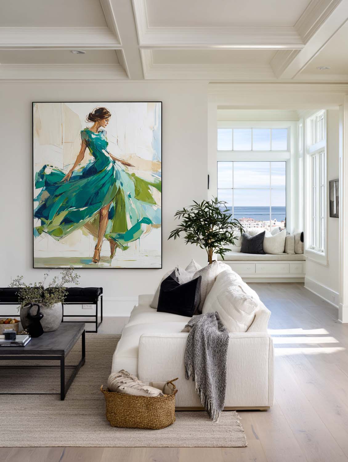 Emerald‑Green‑Beige Vertical Flowing‑Dress Figure Textured Artwork