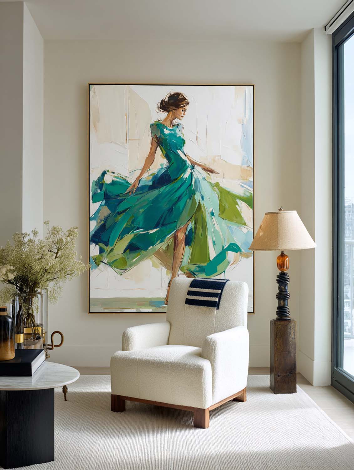 Emerald‑Green‑Beige Vertical Flowing‑Dress Figure Textured Artwork