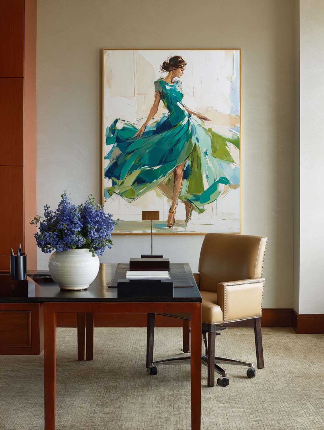 Emerald‑Green‑Beige Vertical Flowing‑Dress Figure Textured Artwork