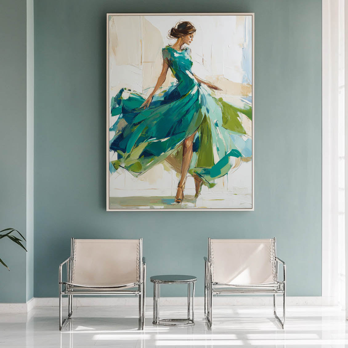 Emerald‑Green‑Beige Vertical Flowing‑Dress Figure Textured Artwork