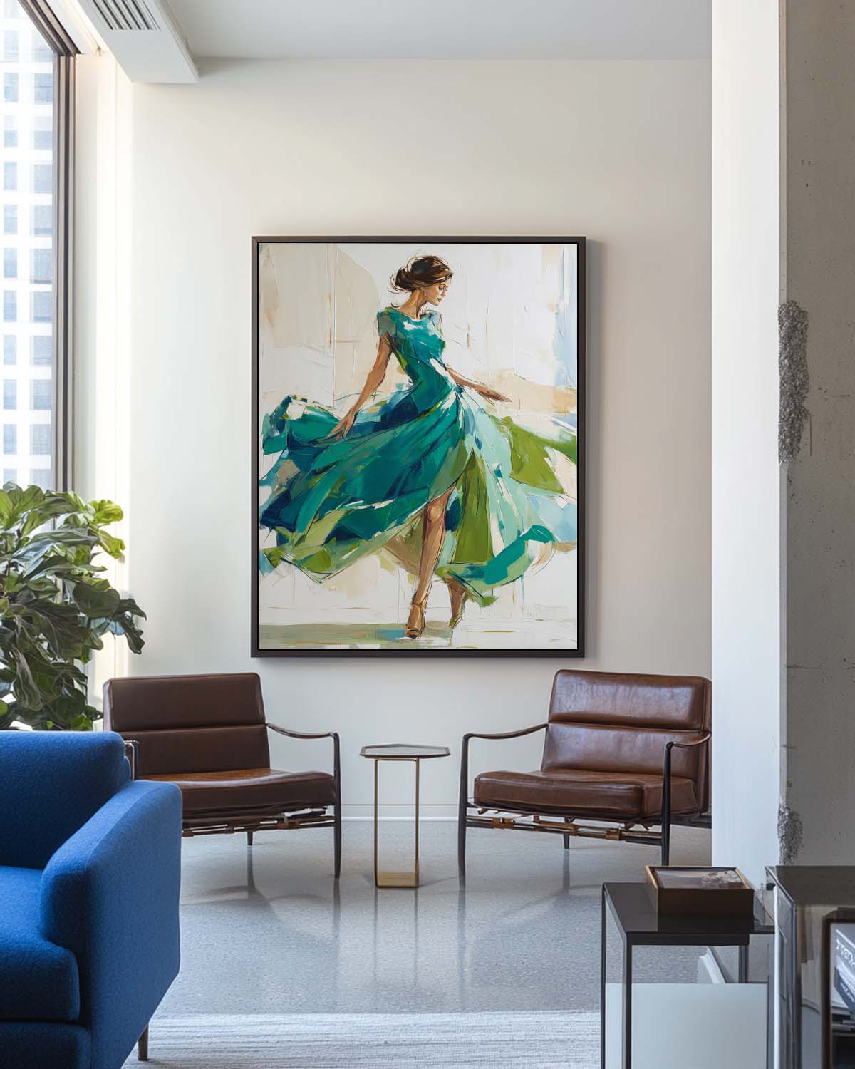Emerald‑Green‑Beige Vertical Flowing‑Dress Figure Textured Artwork