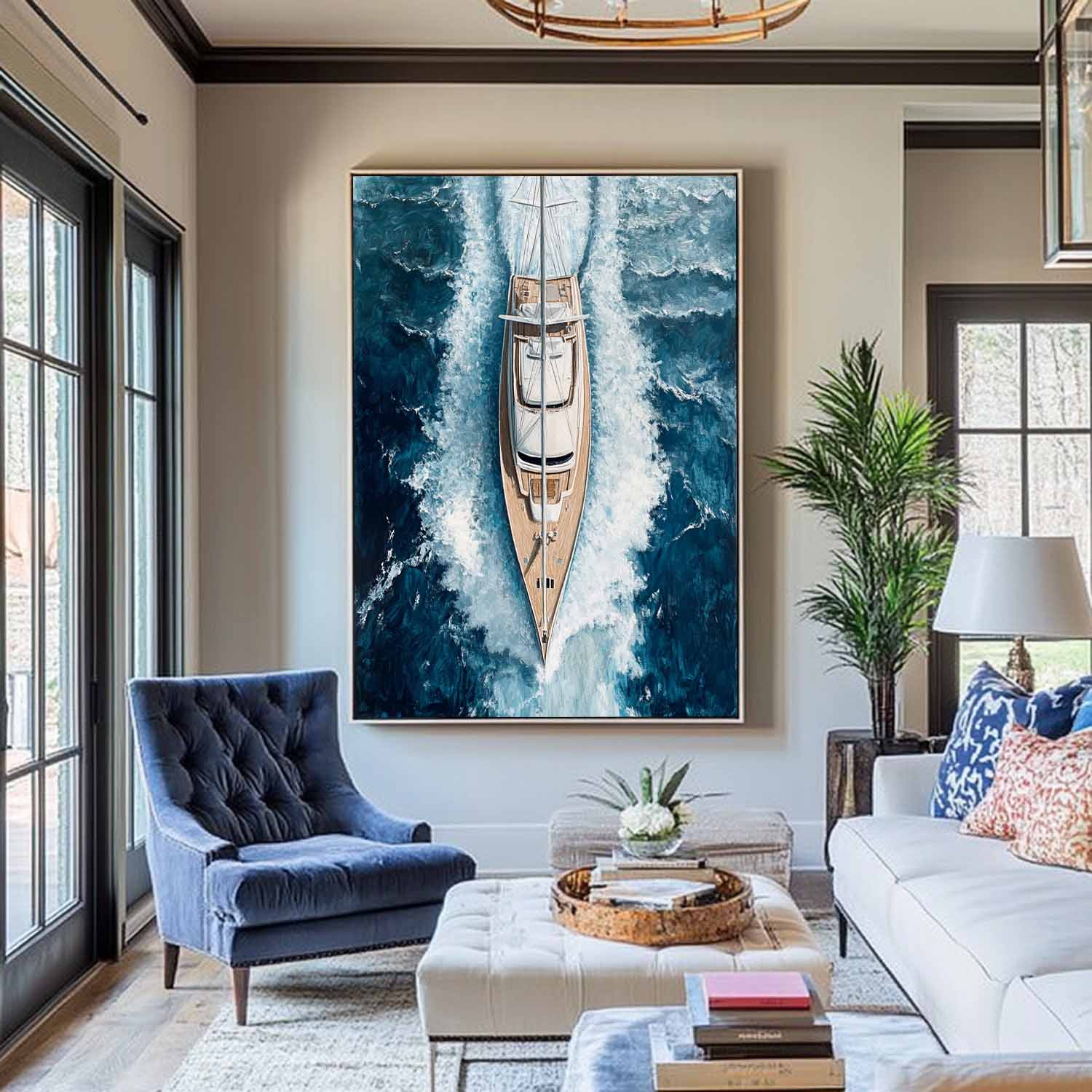 Deep‑Blue Tall Sailboat‑Wave Nautical‑Seascape Artwork
