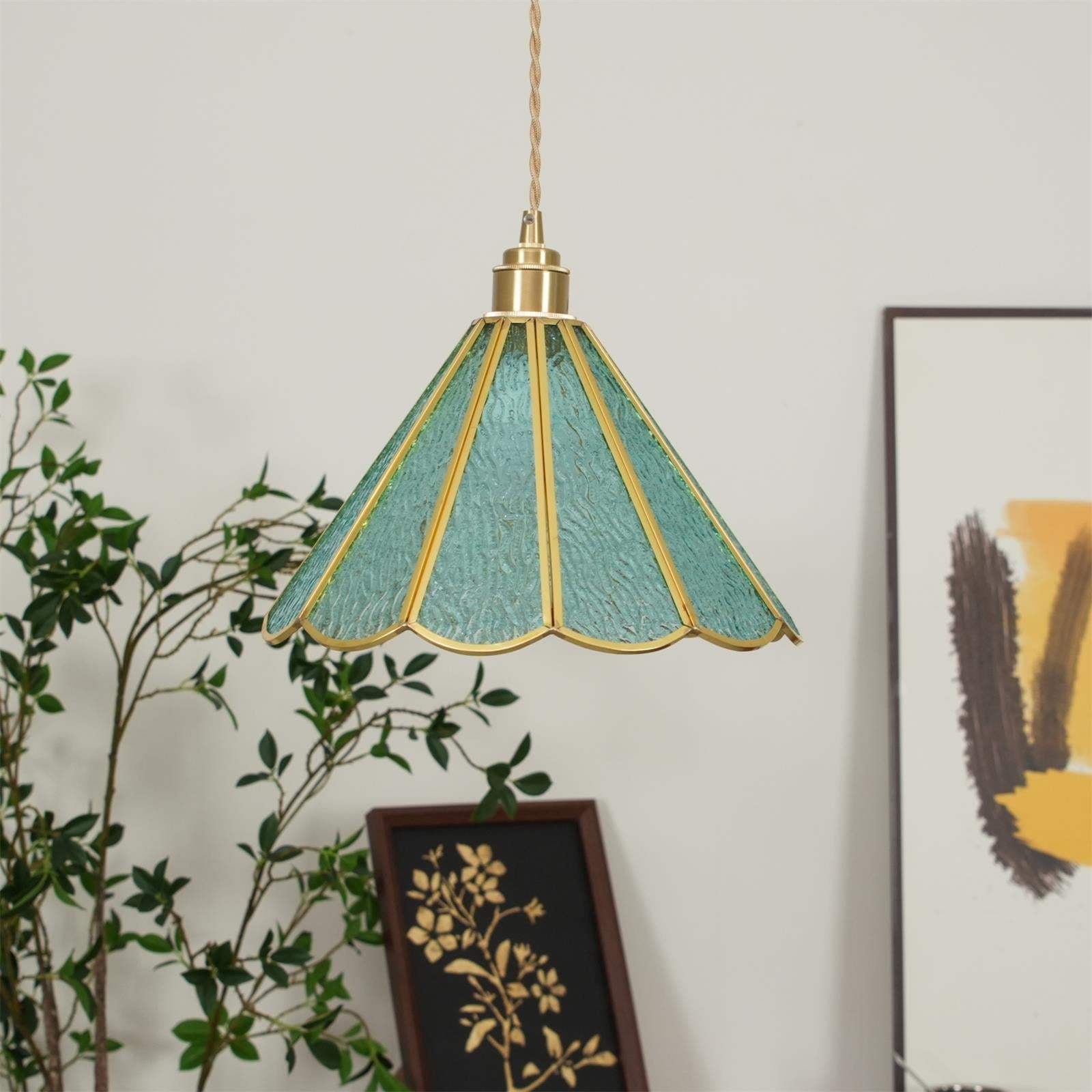 Pendant Lamp Textured Blue Glass Scalloped Brass - Neutralighting