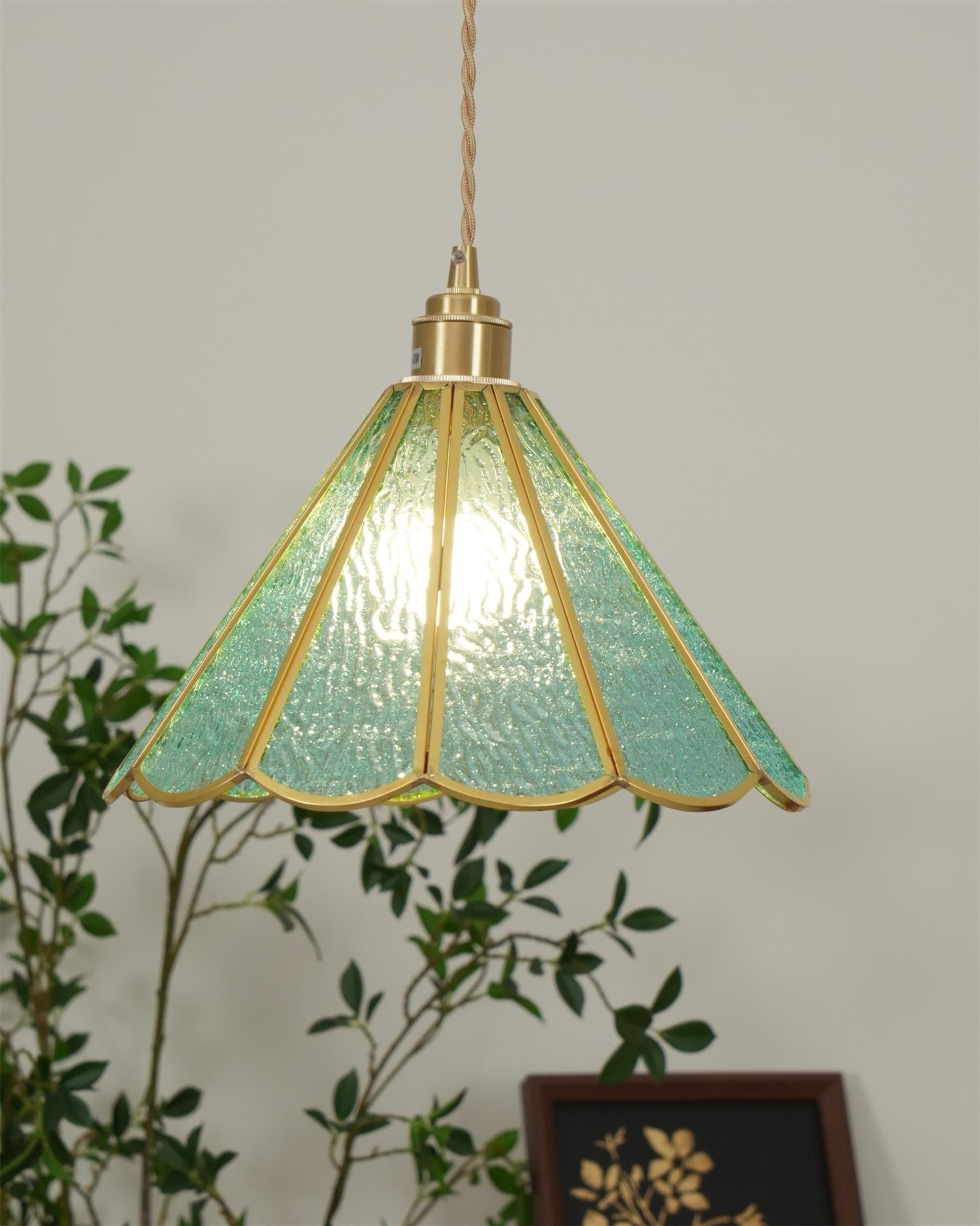 Pendant Lamp Textured Blue Glass Scalloped Brass - Neutralighting