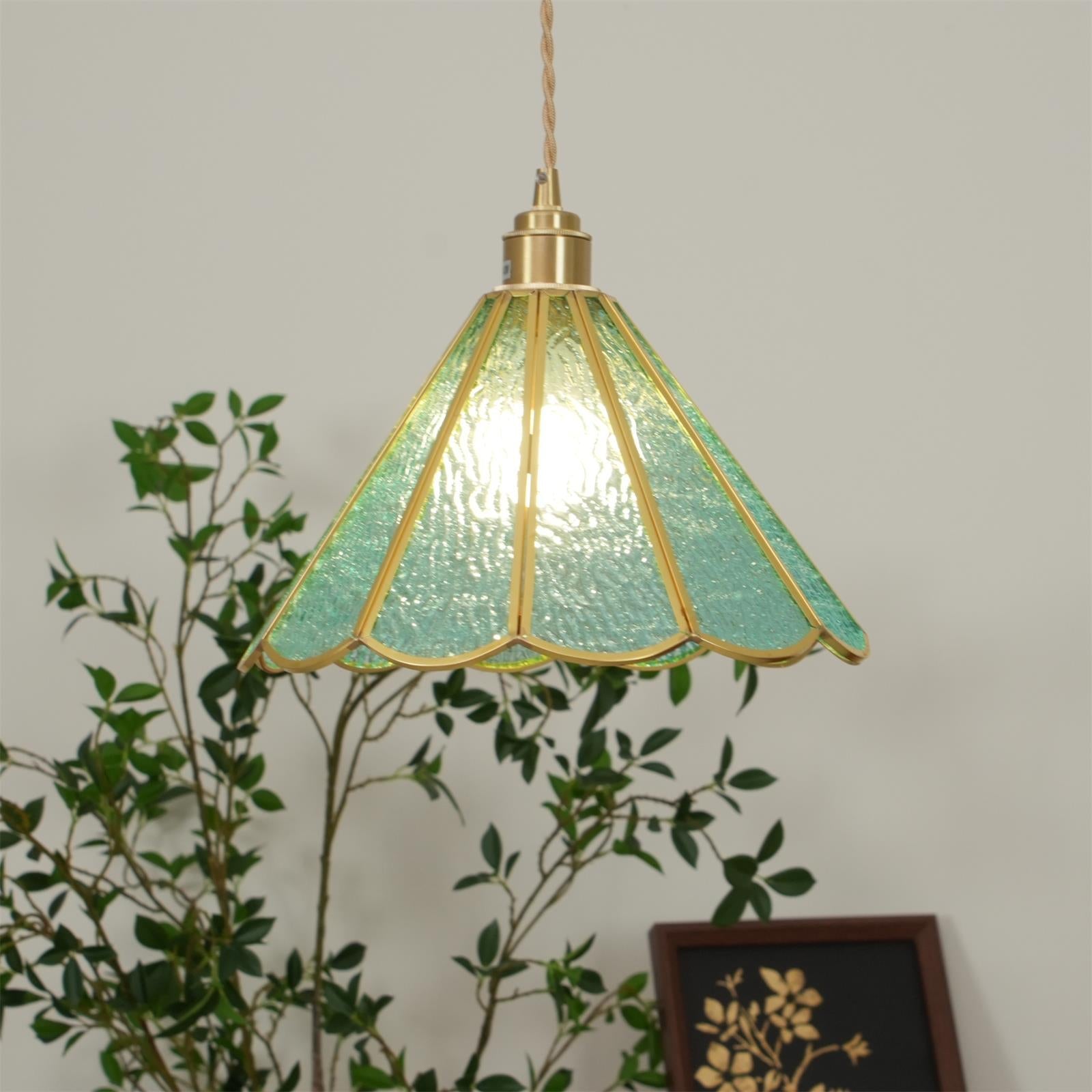 Pendant Lamp Textured Blue Glass Scalloped Brass - Neutralighting