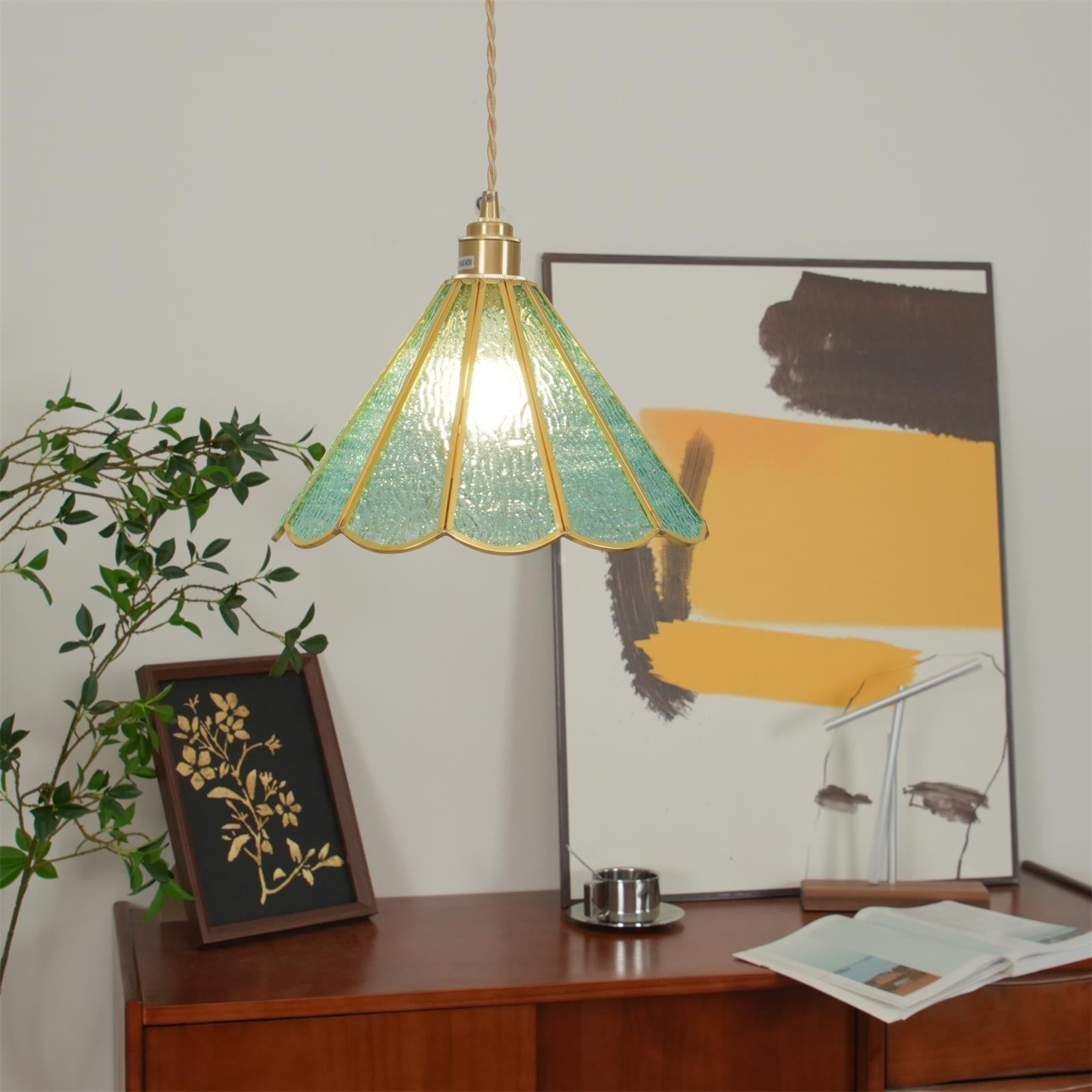 Pendant Lamp Textured Blue Glass Scalloped Brass - Neutralighting