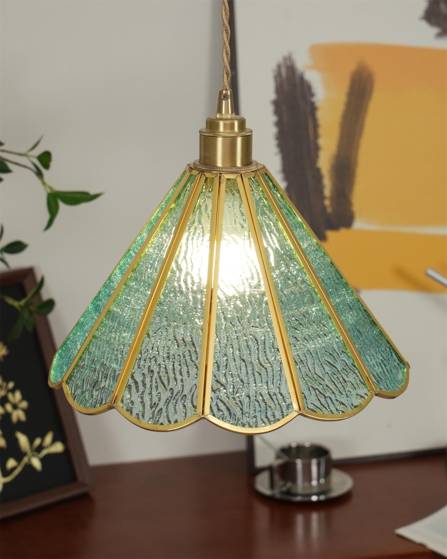 Pendant Lamp Textured Blue Glass Scalloped Brass - Neutralighting