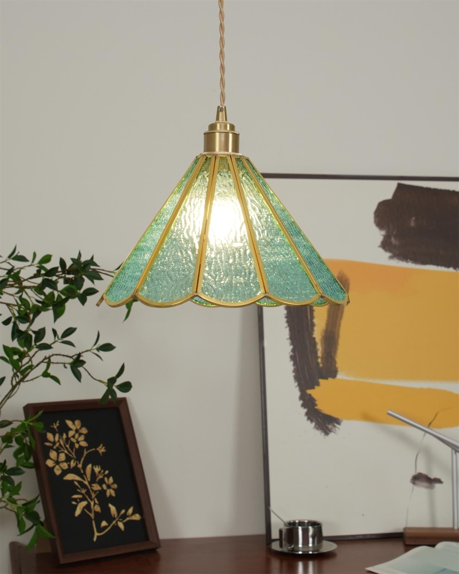 Pendant Lamp Textured Blue Glass Scalloped Brass - Neutralighting