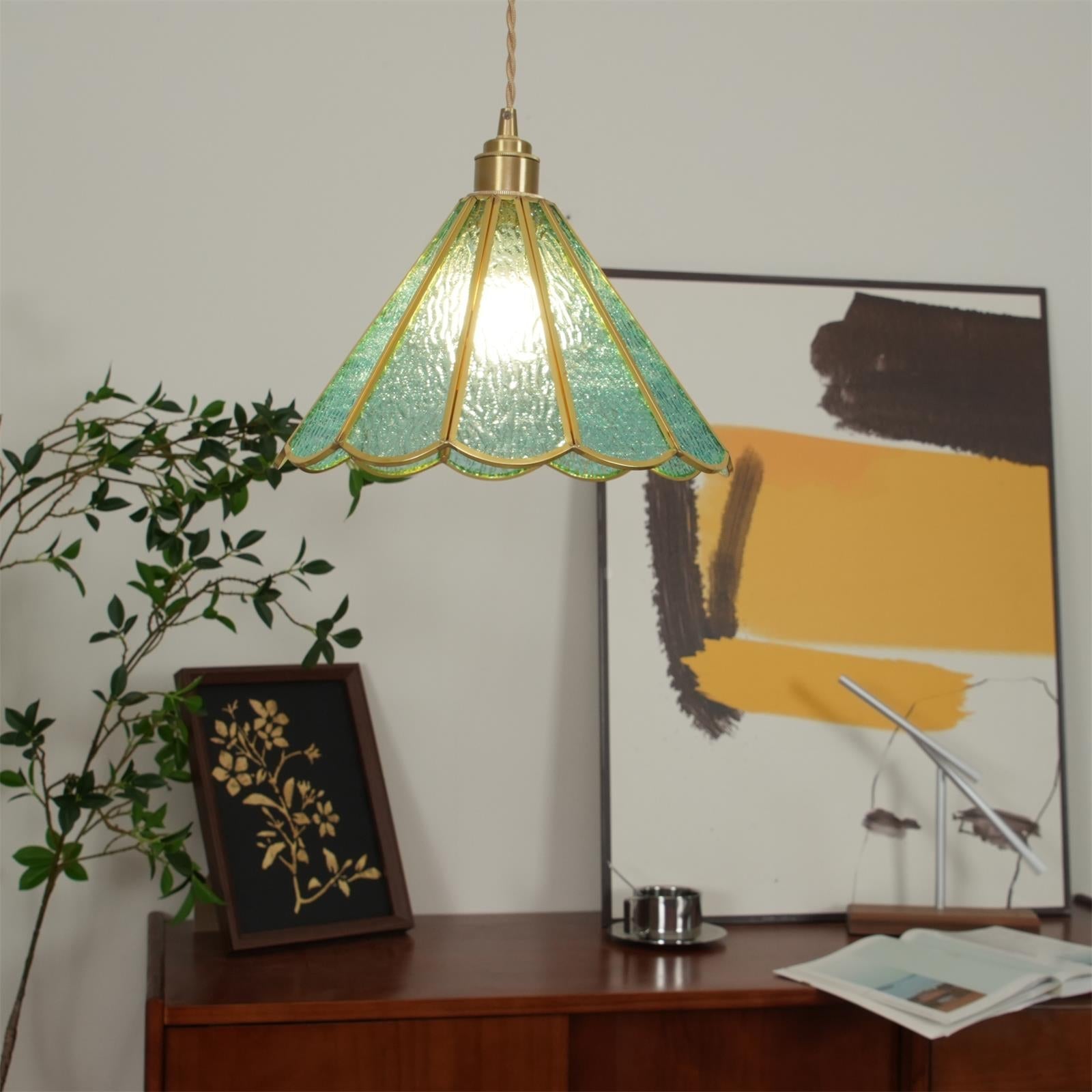 Pendant Lamp Textured Blue Glass Scalloped Brass - Neutralighting