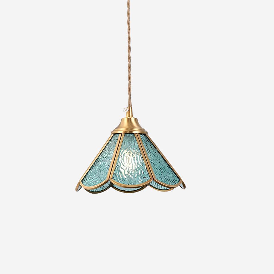 Pendant Lamp Textured Blue Glass Scalloped Brass - Neutralighting