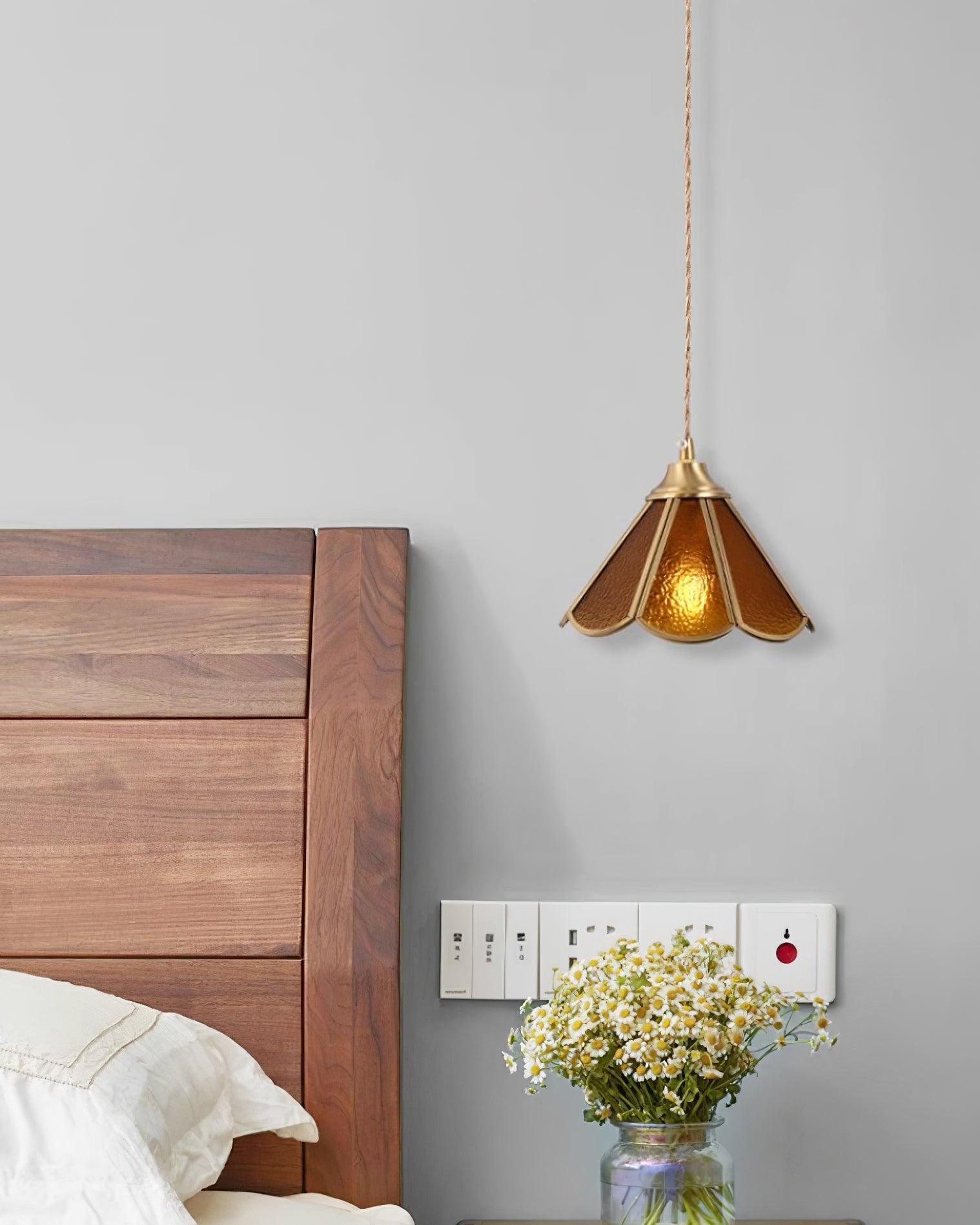 Pendant Lamp Textured Blue Glass Scalloped Brass - Neutralighting