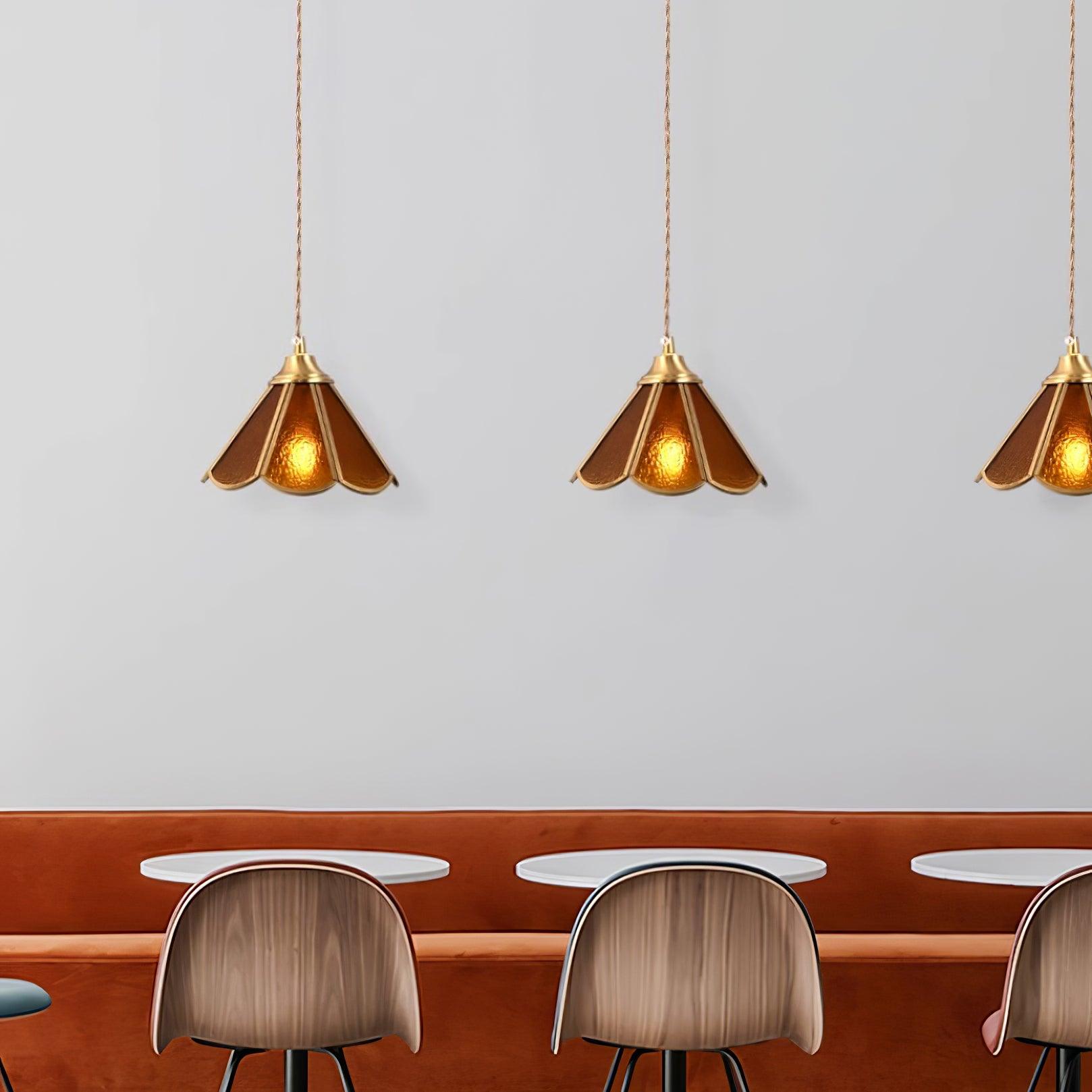 Pendant Lamp Textured Blue Glass Scalloped Brass - Neutralighting