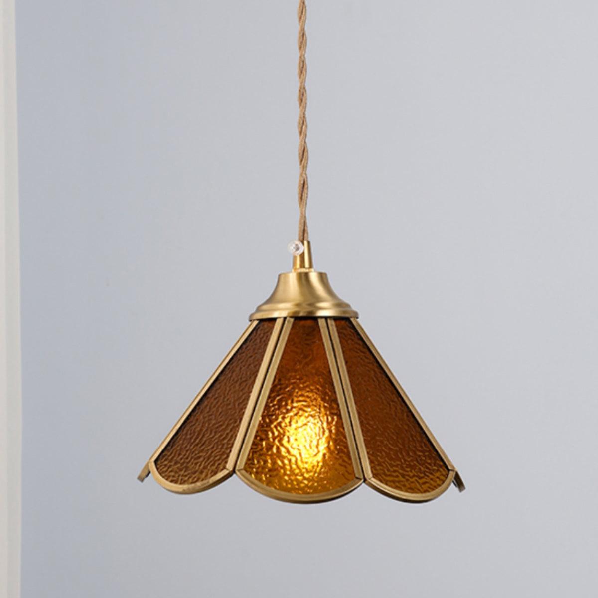 Pendant Lamp Textured Blue Glass Scalloped Brass - Neutralighting