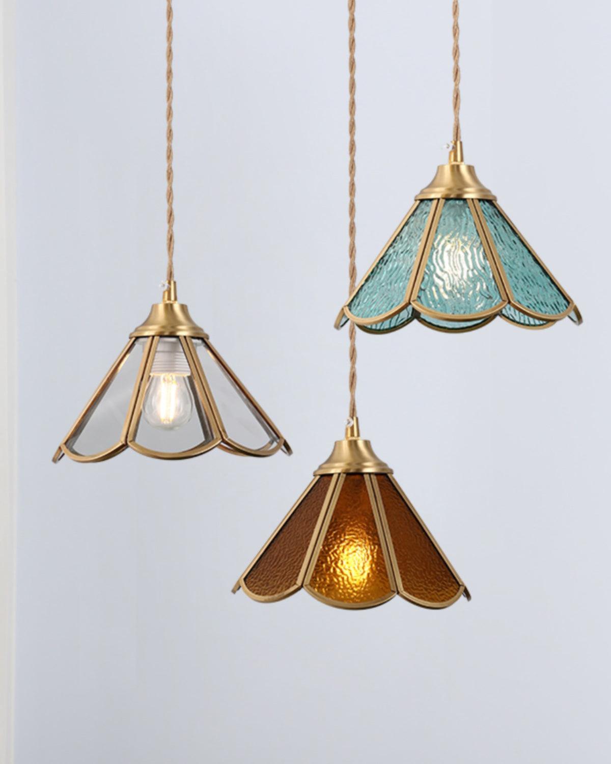 Pendant Lamp Textured Blue Glass Scalloped Brass - Neutralighting