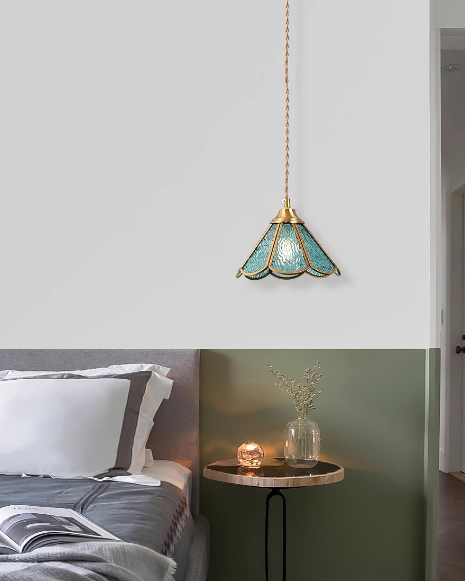 Pendant Lamp Textured Blue Glass Scalloped Brass - Neutralighting