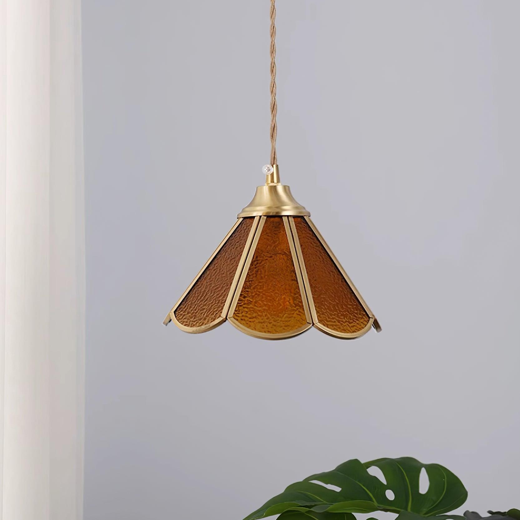 Pendant Lamp Textured Blue Glass Scalloped Brass - Neutralighting