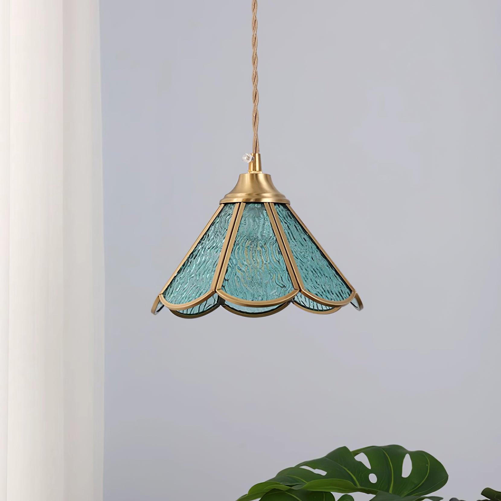 Pendant Lamp Textured Blue Glass Scalloped Brass - Neutralighting