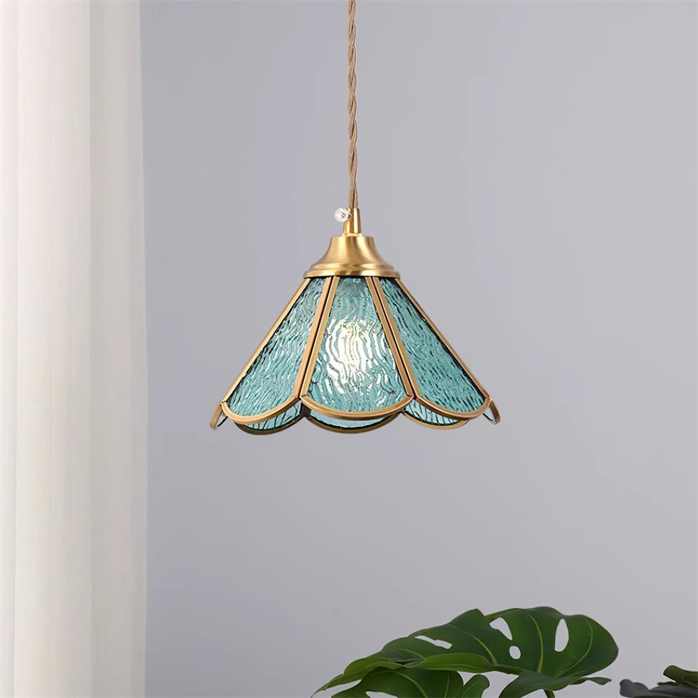 Pendant Lamp Textured Blue Glass Scalloped Brass - Neutralighting