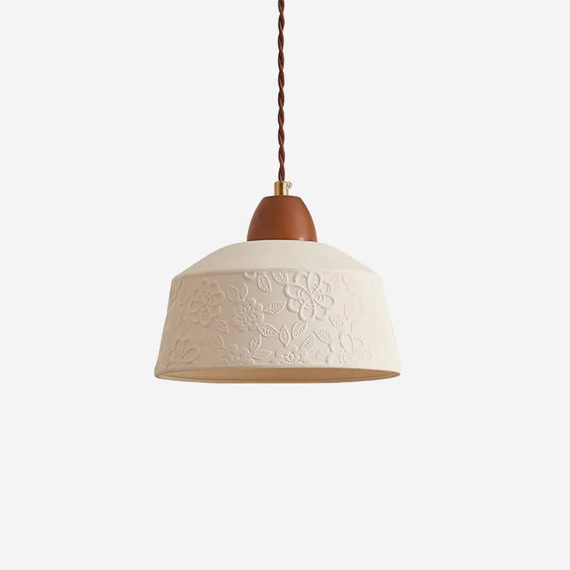Pendant Lamp Textured Ceramic Drum Walnut Wood Retro - Neutralighting