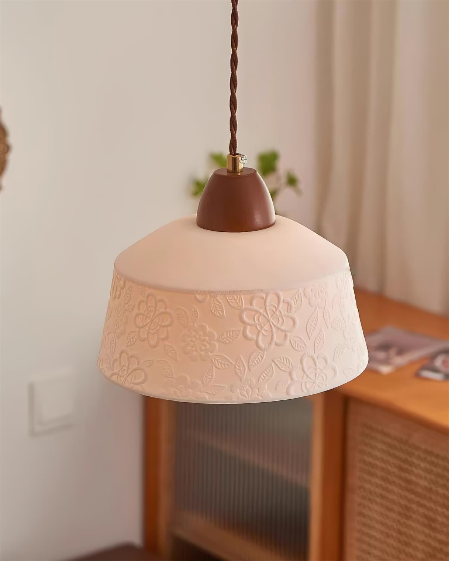 Pendant Lamp Textured Ceramic Drum Walnut Wood Retro - Neutralighting