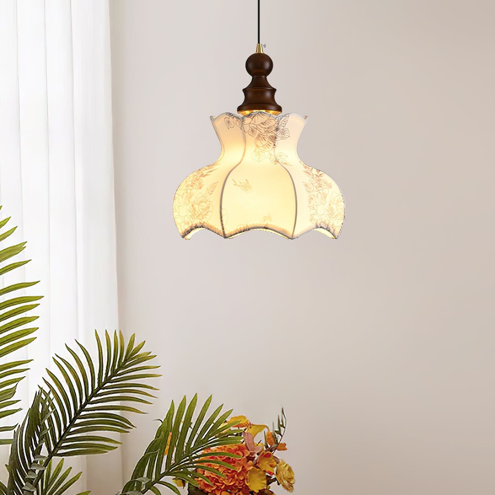 Pendant Lamp Metal and Wood Fabric Vintage Floral Elegant - Neutralighting
