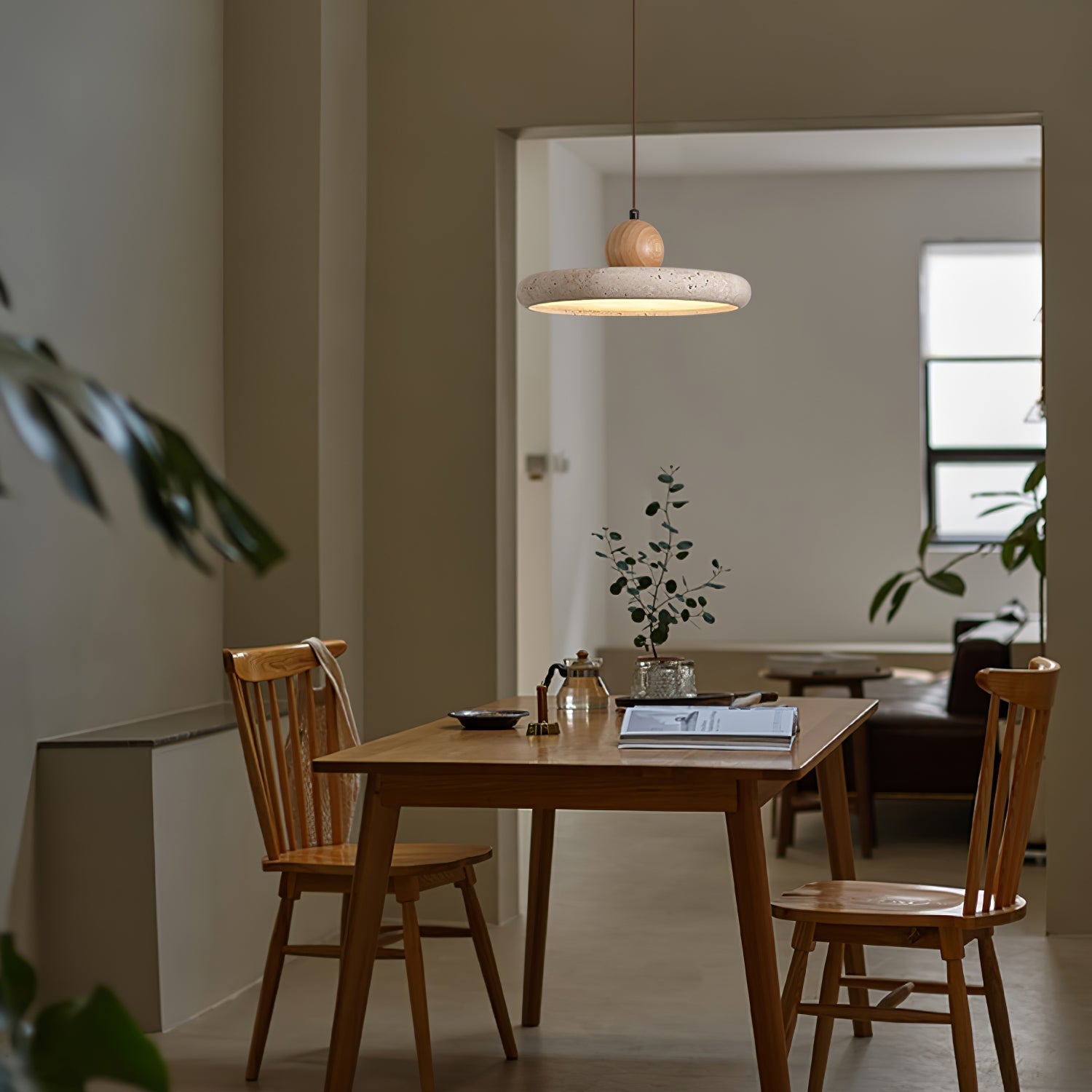 Opalyn Travertine & Wood Pendant Light - Neutralighting