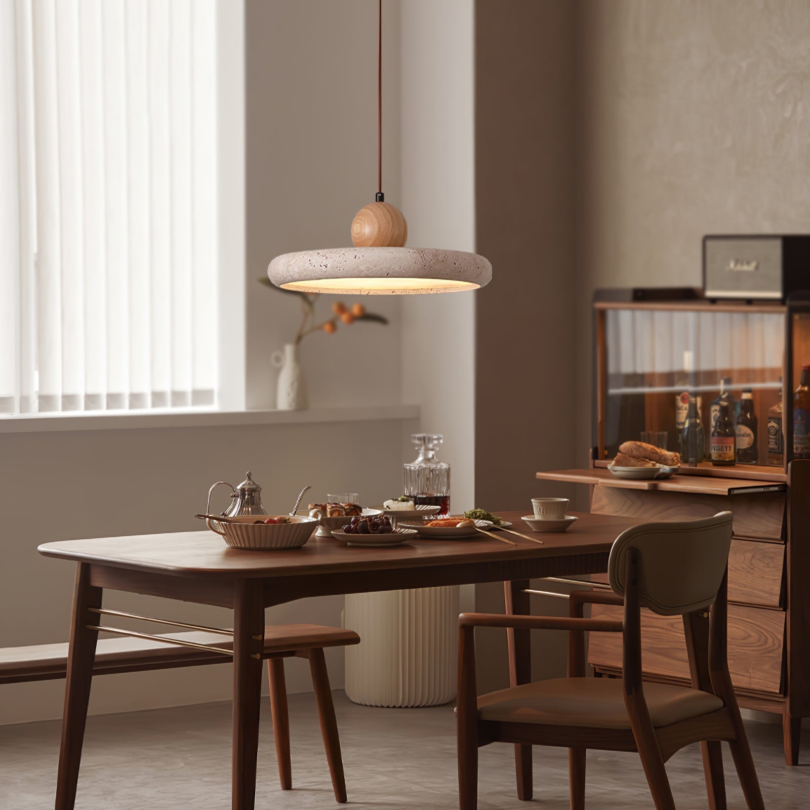 Opalyn Travertine & Wood Pendant Light