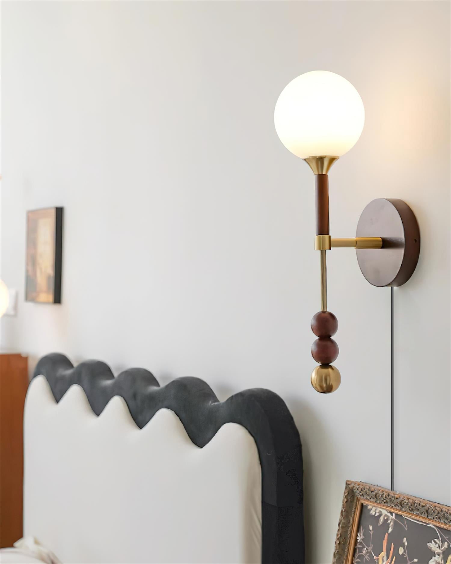 Wall Lamp with Glass Globe and Walnut Wood Accents Plug-In - Neutralighting