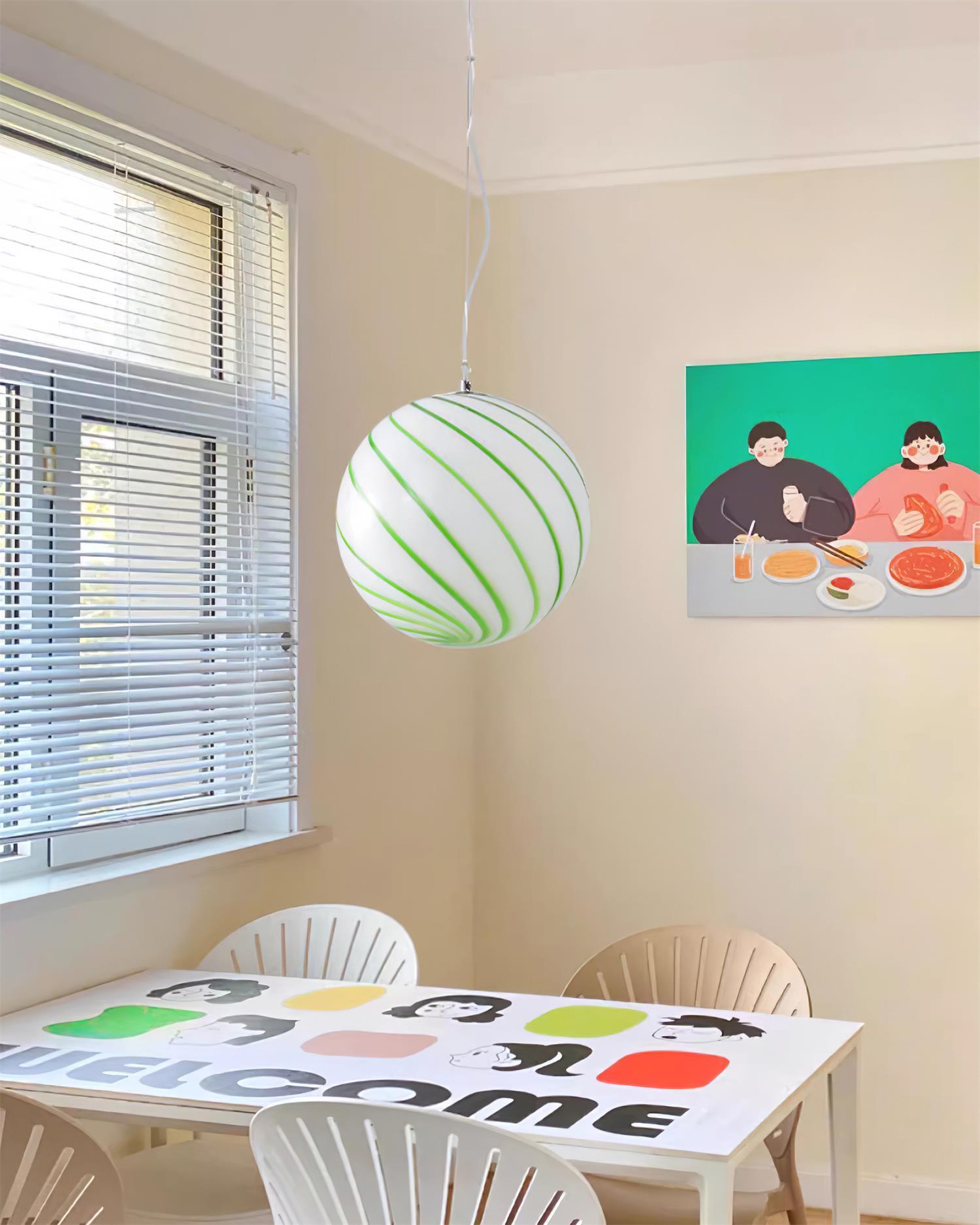 Pendant Lamp Glass Globe Light with Green Swirl Stripes - Neutralighting