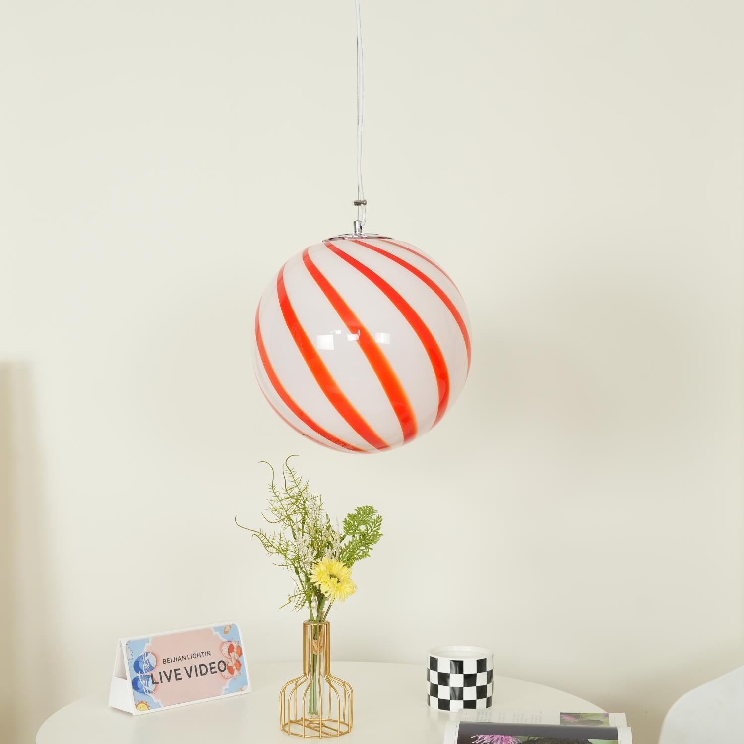 Pendant Lamp Glass Globe Light with Green Swirl Stripes - Neutralighting