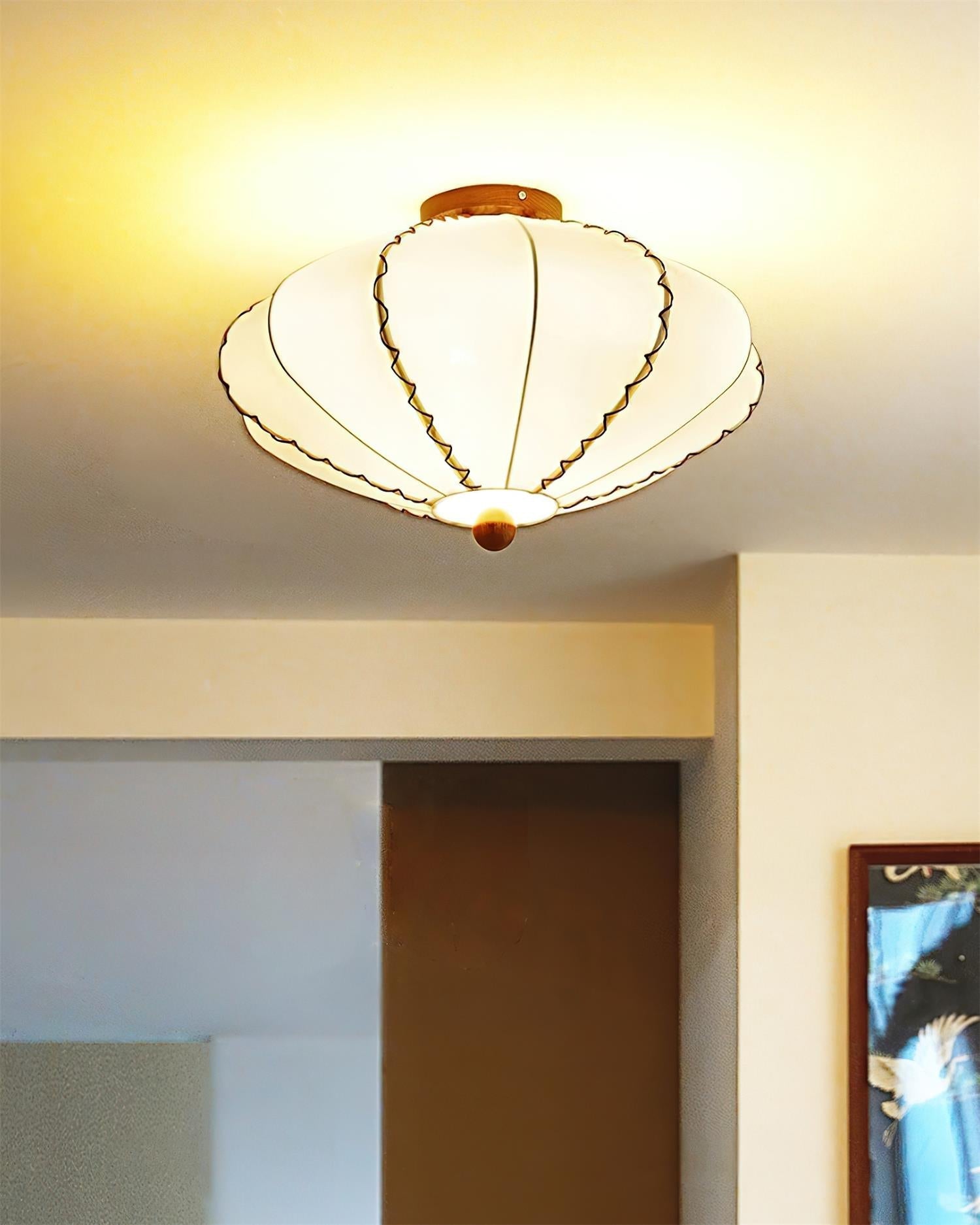 Ceiling Light Beige Fabric with Walnut Wood Accents Artistic - Neutralighting