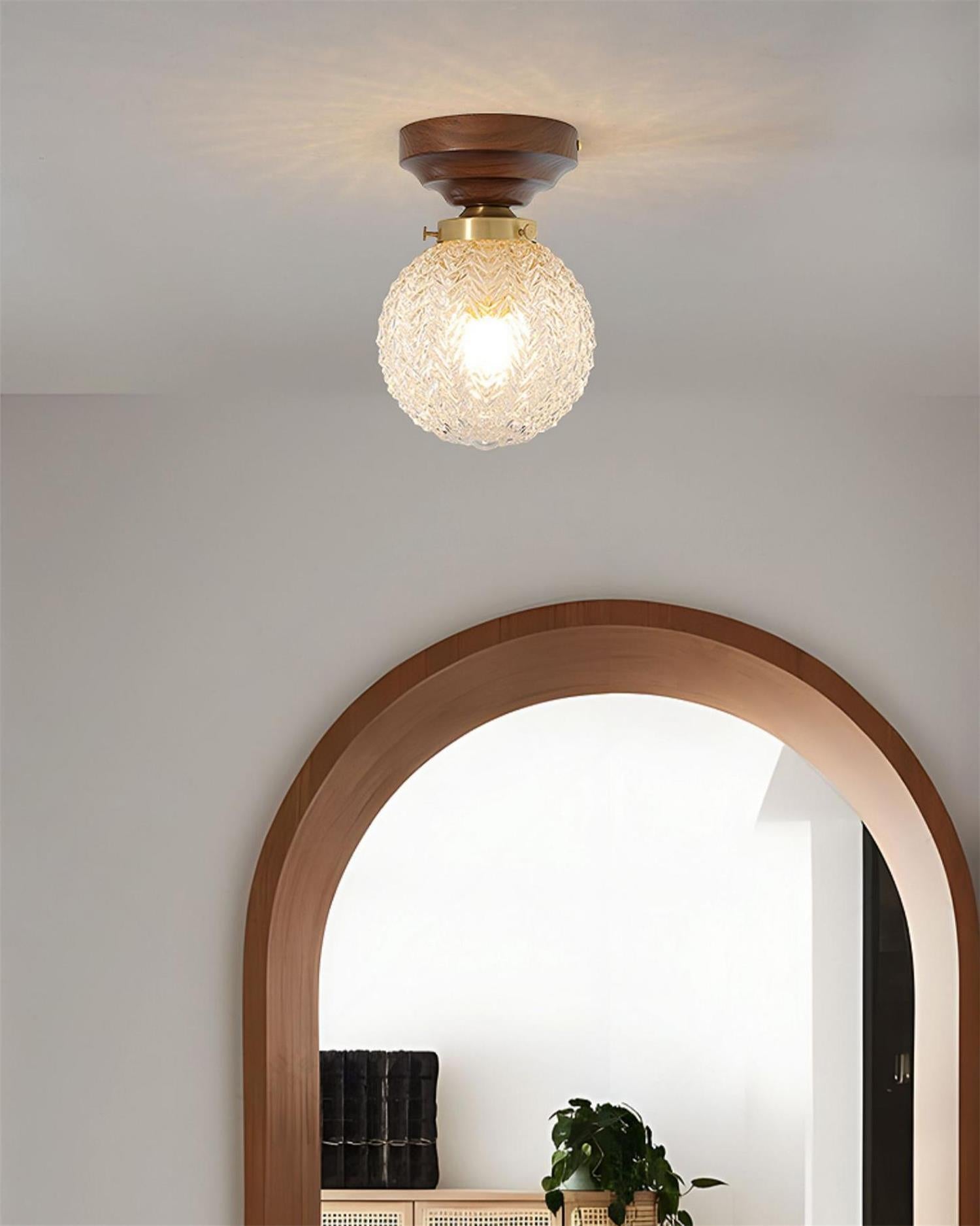 Ceiling Light Globe Shade Clear Glass Walnut Wood Canopy Brass - Neutralighting