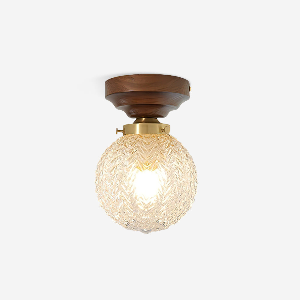 Ceiling Light Globe Shade Clear Glass Walnut Wood Canopy Brass - Neutralighting